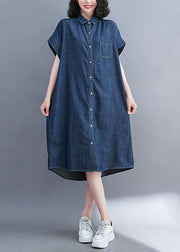 Classy Navy Peter Pan Collar Pocket Denim Shirt Dress Summer