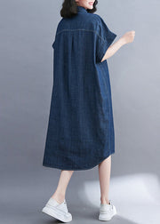 Classy Navy Peter Pan Collar Pocket Denim Shirt Dress Summer