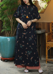 Classy Navy Print Side Open Patchwork Linen Long Dresses Summer