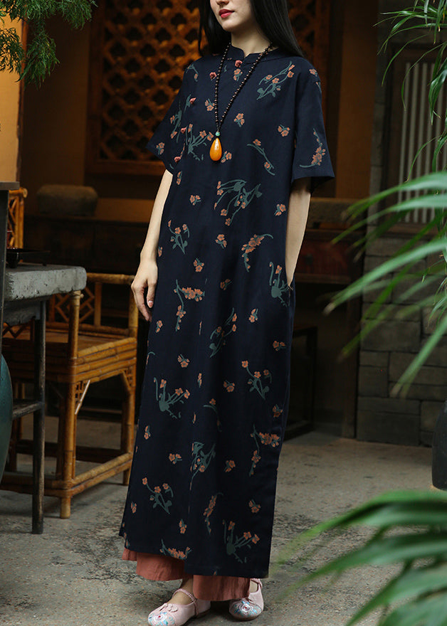 Classy Navy Print Side Open Patchwork Linen Long Dresses Summer