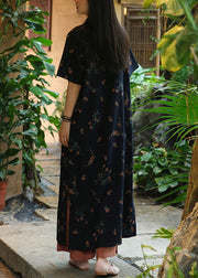 Classy Navy Print Side Open Patchwork Linen Long Dresses Summer