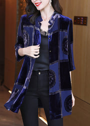 Classy Navy Stand Collar Patchwork Silk Velour Shirt Tops Fall