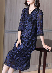 Classy Navy V Neck Embroideried Patchwork Silk Dress Bracelet Sleeve