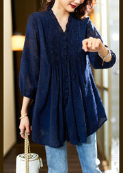 Classy Navy V Neck Ruffled Patchwork Chiffon Blouses Spring