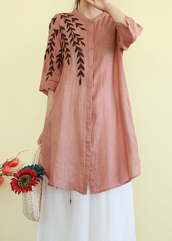 Classy Orange Embroidered Linen Mid Dresses Summer