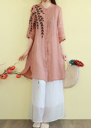 Classy Orange Embroidered Linen Mid Dresses Summer