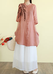 Classy Orange Embroidered Linen Mid Dresses Summer