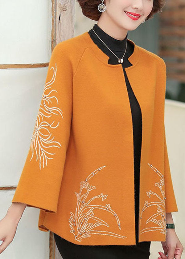 Classy Orange O-Neck Embroideried Nail Bead Woolen Cardigan Long Sleeve