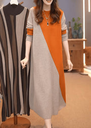 Classy Orange O-Neck Patchwork Cotton Knit Sweater Dress Winter