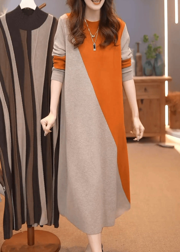 Classy Orange O-Neck Patchwork Cotton Knit Sweater Dress Winter