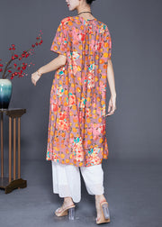 Classy Orange O-Neck Print Linen Long Dress Summer