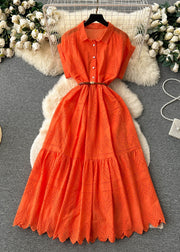 Classy Orange Peter Pan Collar Button Hollow Out Cotton Shirt Dresses Summer