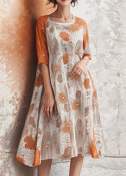 Classy Orange U Neck Print Plus Size Silk Dress Summer