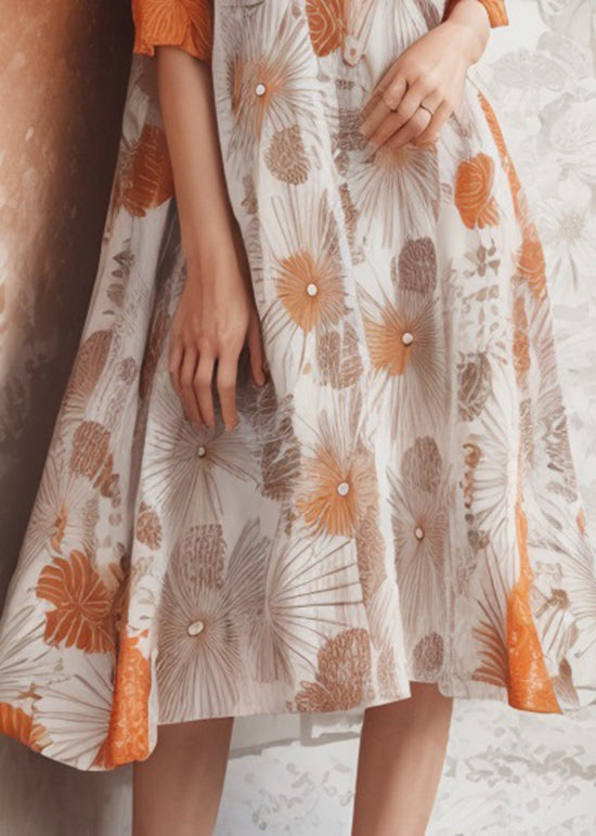 Classy Orange U Neck Print Plus Size Silk Dress Summer