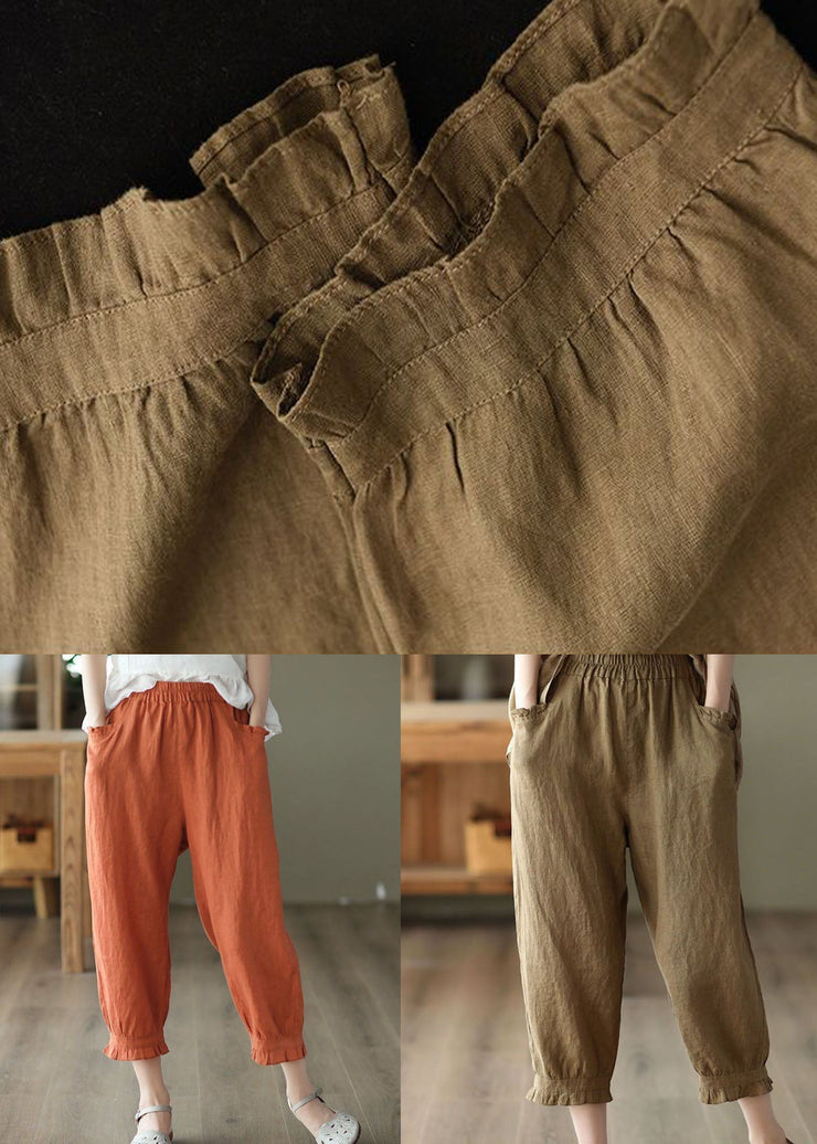 Classy Orange Wrinkled Pockets Patchwork Linen Crop Pants Summer