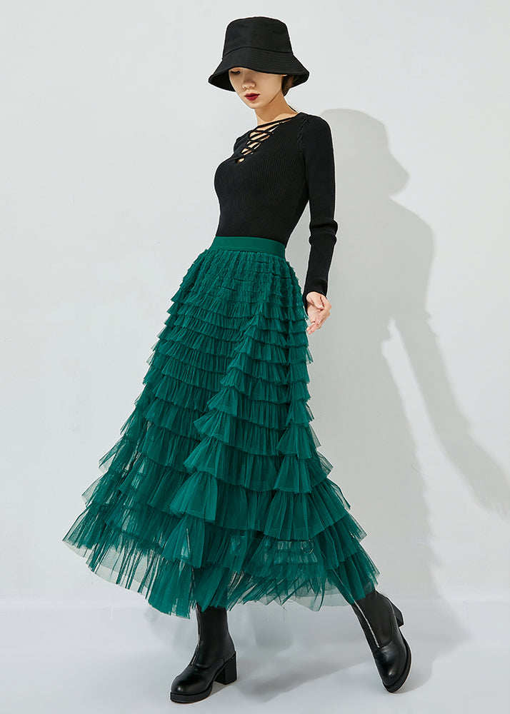 Classy Peacock Green Elastic Waist Layered Tulle Skirts Summer