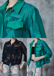 Classy Peacock Green Embroidered Drawstring Tulle Coats Summer