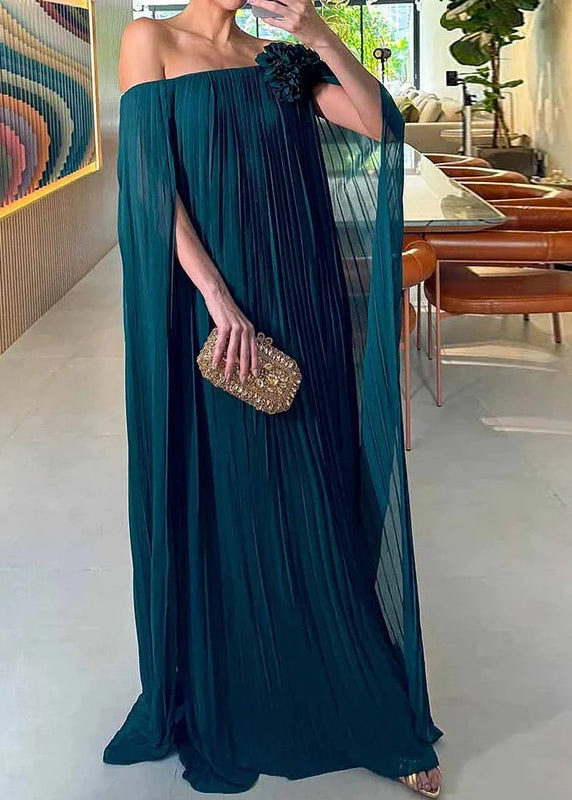 Classy Peacock Green Slash Neck Wrinkled Chiffon Long Dresses Summer