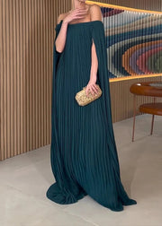 Classy Peacock Green Slash Neck Wrinkled Chiffon Long Dresses Summer