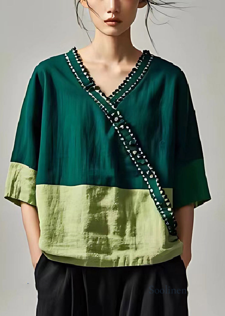 Classy Peacock Green V Neck Patchwork Linen Shirts Summer