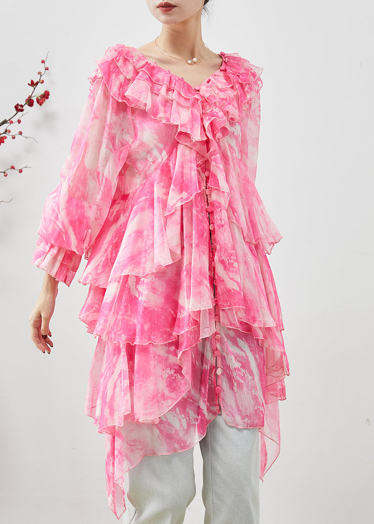 Classy Pink Asymmetrical Tie Dye Chiffon Dress Summer