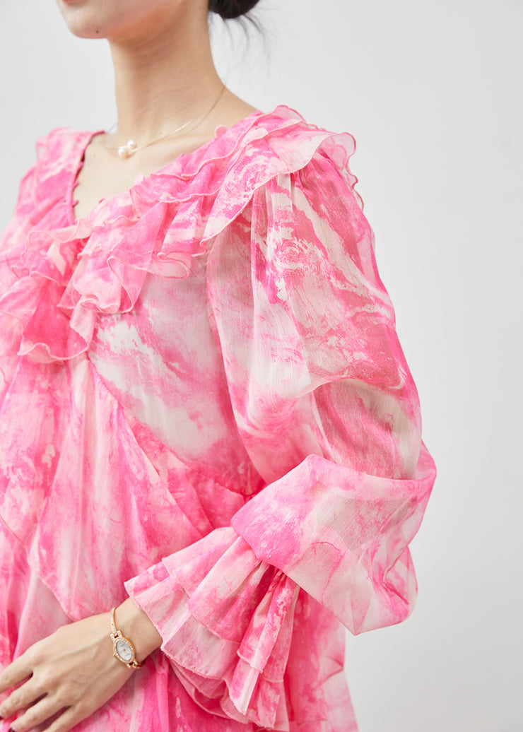 Classy Pink Asymmetrical Tie Dye Chiffon Dress Summer