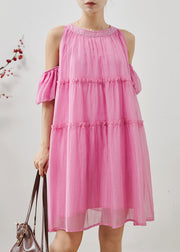 Classy Pink Cold Shoulder Chiffon Beach Dress Summer