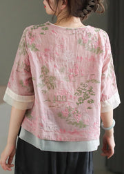 Classy Pink Embroidered Tulle Patchwork Tassel Top Short Sleeve