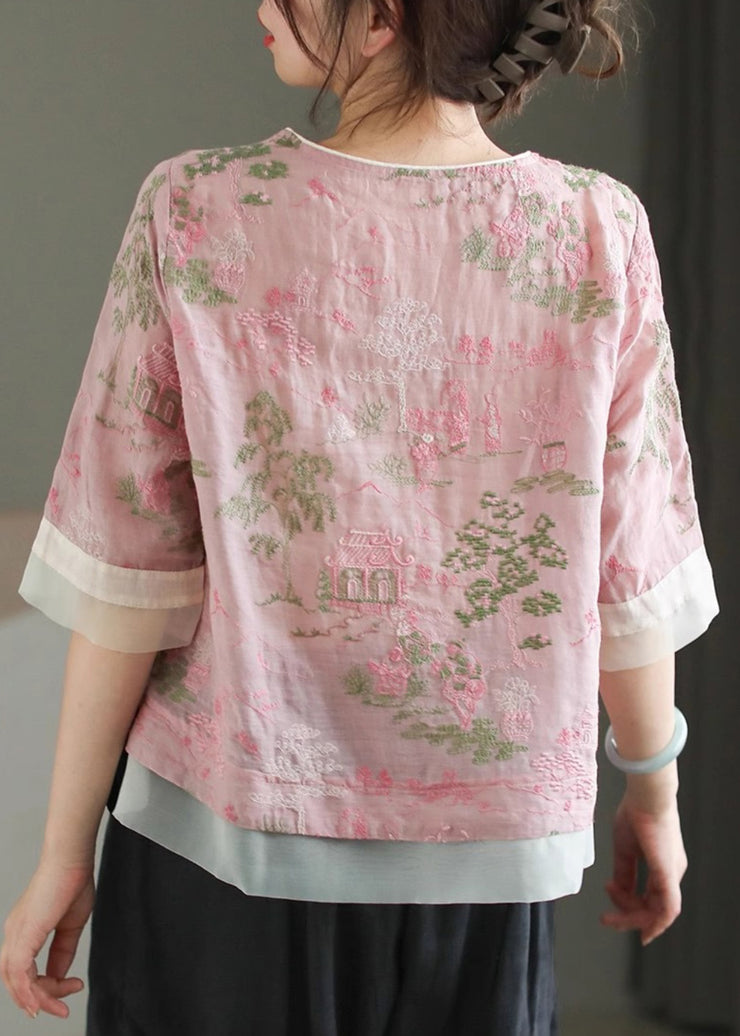 Classy Pink Embroidered Tulle Patchwork Tassel Top Short Sleeve