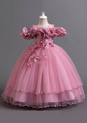 Classy Pink Embroideried Bow Tunic Tulle Girls Long Dress Short Sleeve