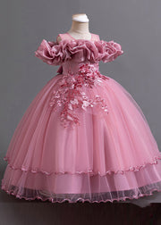 Classy Pink Embroideried Bow Tunic Tulle Girls Long Dress Short Sleeve