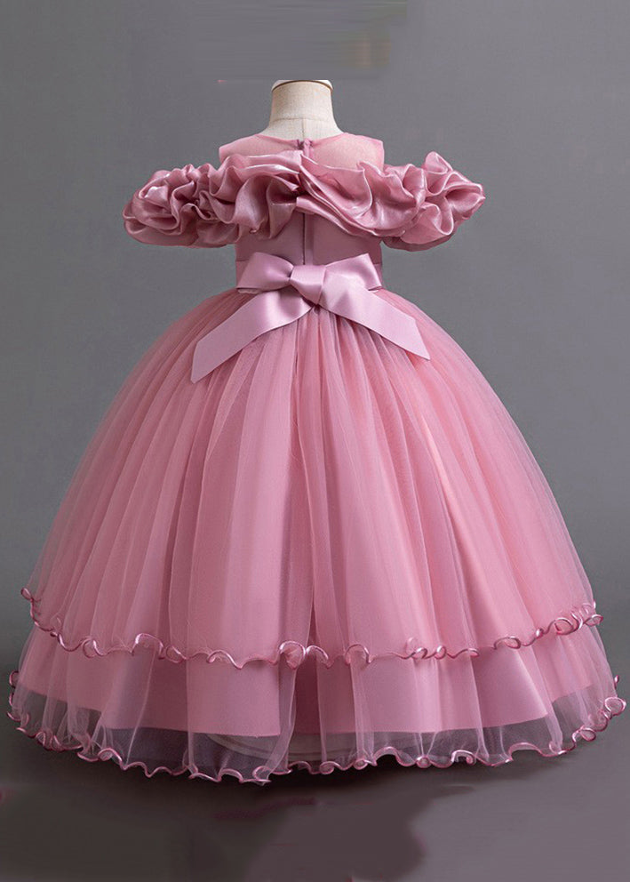 Classy Pink Embroideried Bow Tunic Tulle Girls Long Dress Short Sleeve