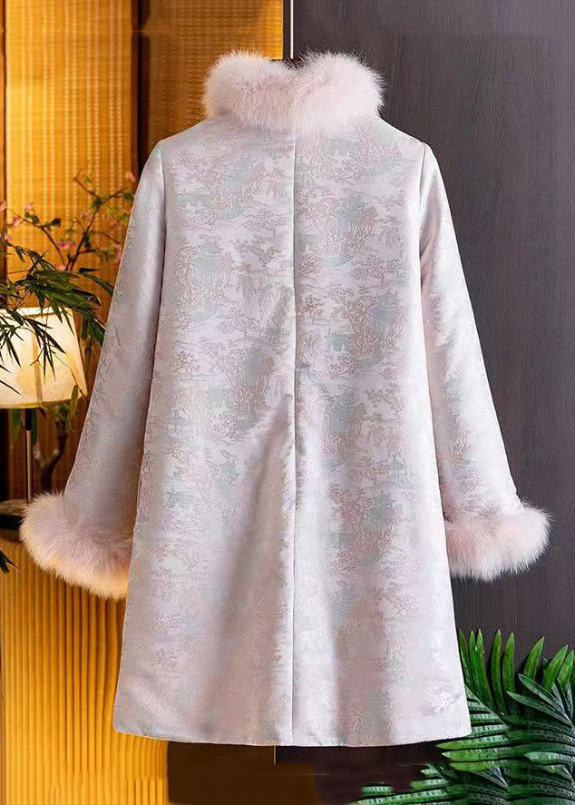 Classy Pink Fur Collar Button Patchwork Cotton Filled Mid Dress Spring