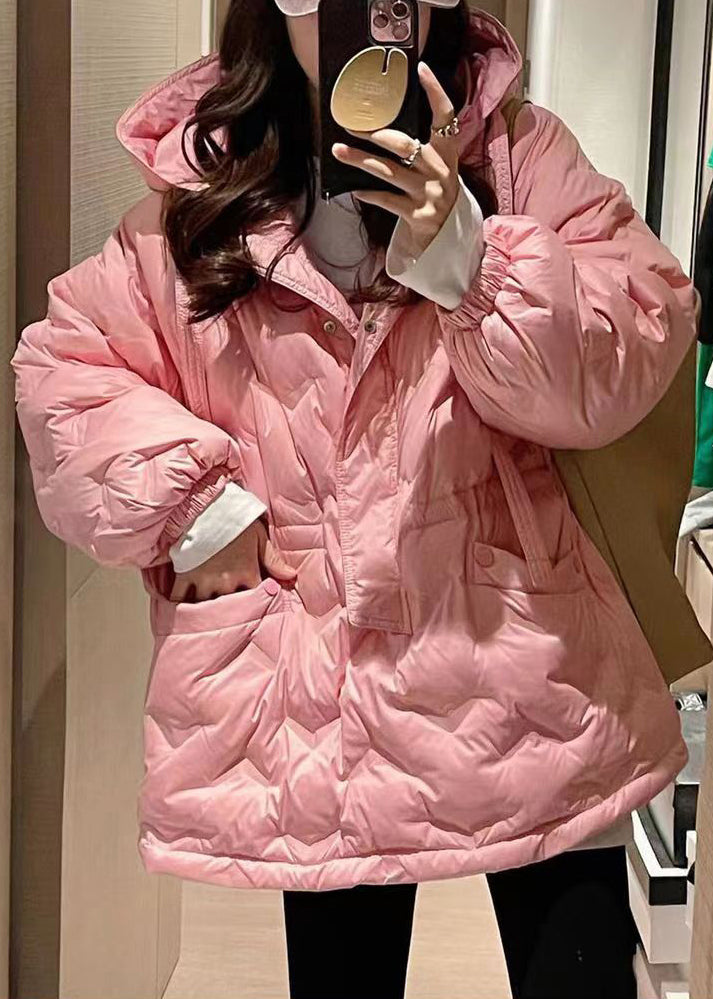 Classy Pink Hooded Zippered Pockets Duck Down Coat Short Sleeve