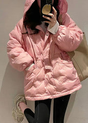 Classy Pink Hooded Zippered Pockets Duck Down Coat Short Sleeve