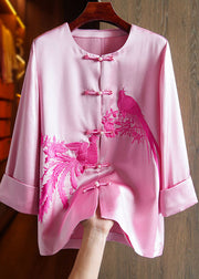 Classy Pink O-Neck Embroideried Floral Silk Top Long Sleeve