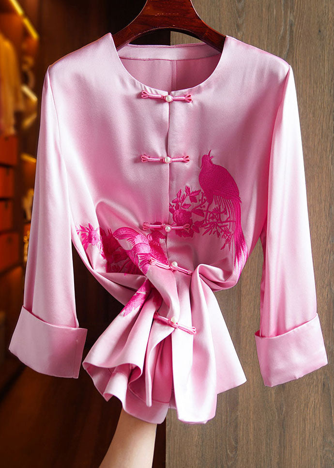 Classy Pink O-Neck Embroideried Floral Silk Top Long Sleeve