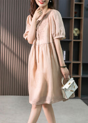 Classy Pink O-Neck Embroideried Solid Linen Maxi Dresses Summer