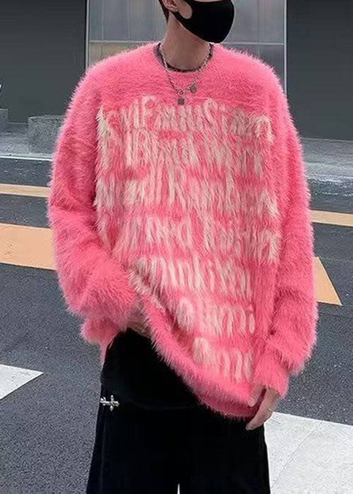 Classy Pink O Neck Letter Mink Velvet Men Sweater Sweater