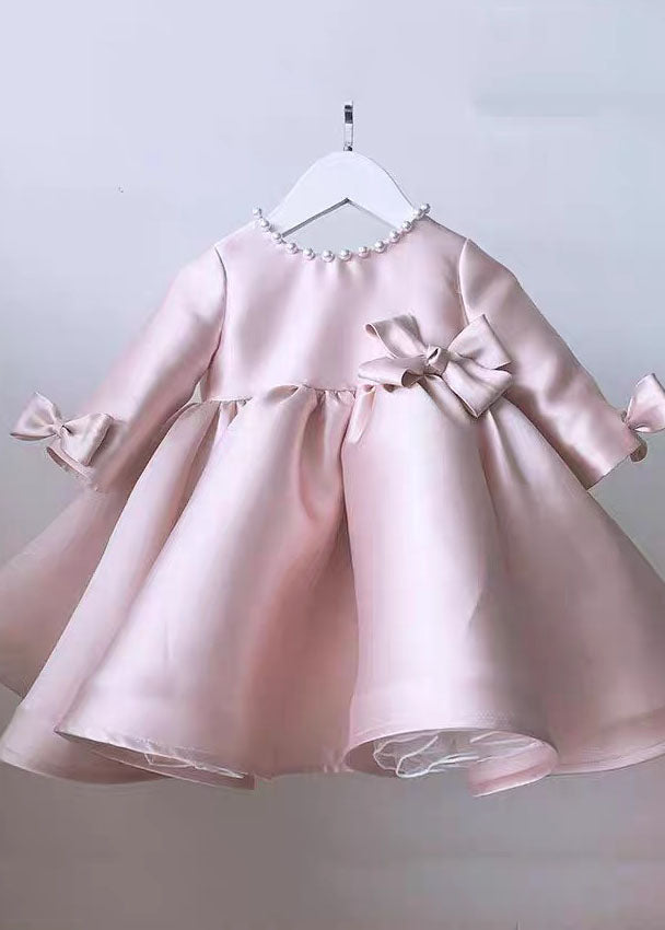 Classy Pink O-Neck Patchwork Kids Long Dress Spring