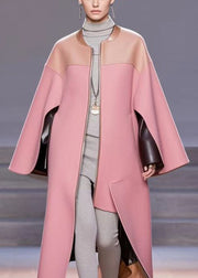 Classy Pink O-Neck Patchwork PU Woolen Trench Fall