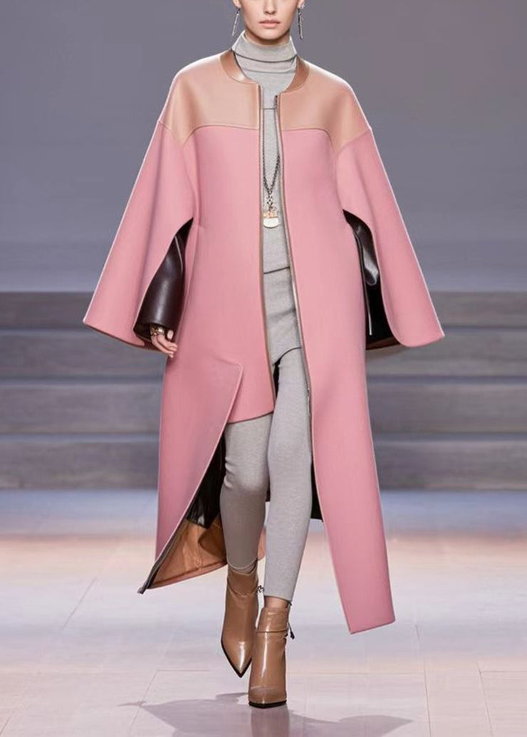 Classy Pink O-Neck Patchwork PU Woolen Trench Fall