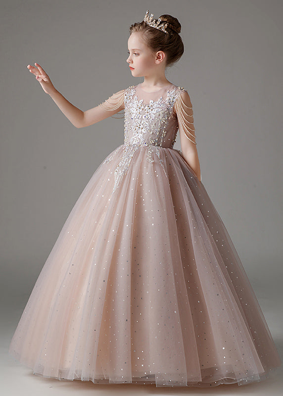 Classy Pink O-Neck Sequins Patchwork Tulle Kids Long Dress Sleeveless