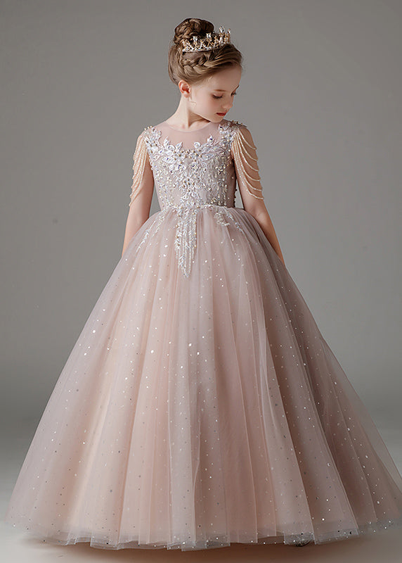 Classy Pink O-Neck Sequins Patchwork Tulle Kids Long Dress Sleeveless