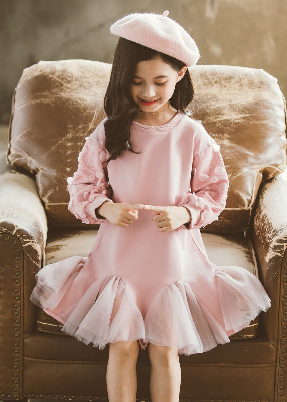 Classy Pink O-Neck Tulle Girls Long Pullover Dresses Spring