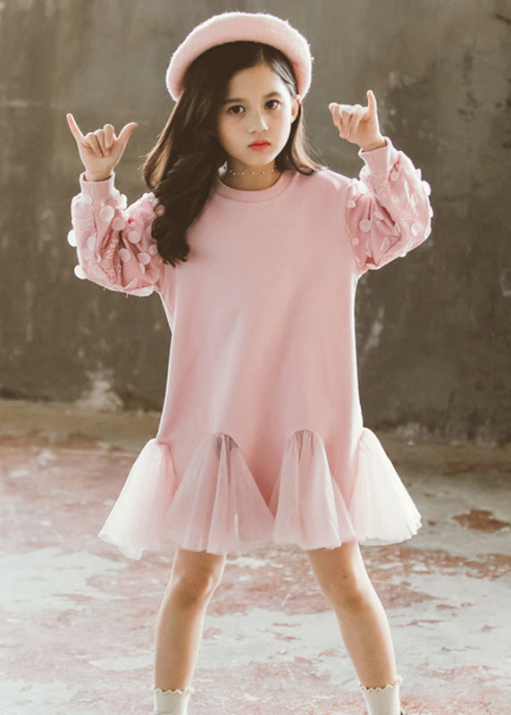 Classy Pink O-Neck Tulle Girls Long Pullover Dresses Spring