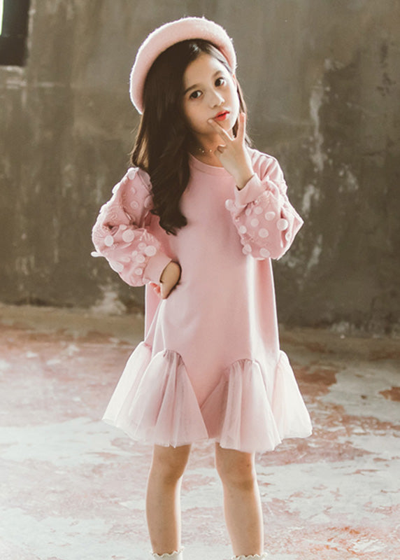 Classy Pink O-Neck Tulle Girls Long Pullover Dresses Spring