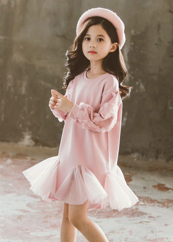 Classy Pink O-Neck Tulle Girls Long Pullover Dresses Spring