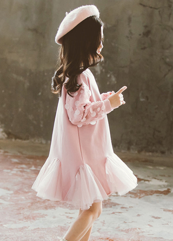 Classy Pink O-Neck Tulle Girls Long Pullover Dresses Spring