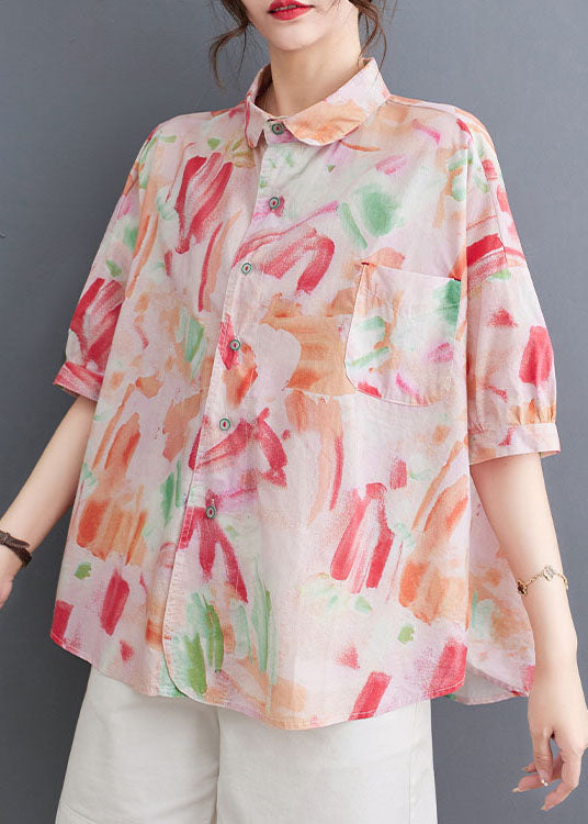 Classy Pink Peter Pan Collar Print Patchwork Cotton Shirts Summer